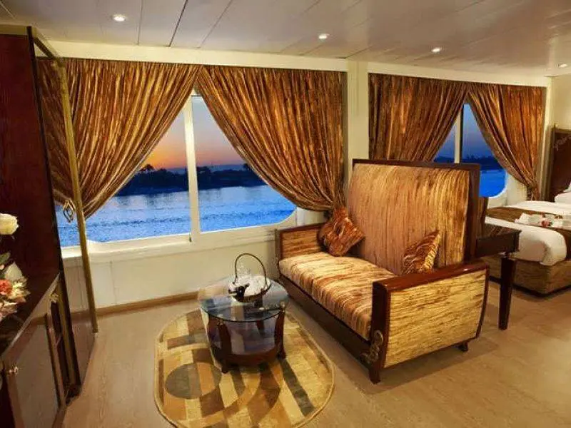 Relaxation area on Nile Quest Nile Cruise with panoramic river scenery