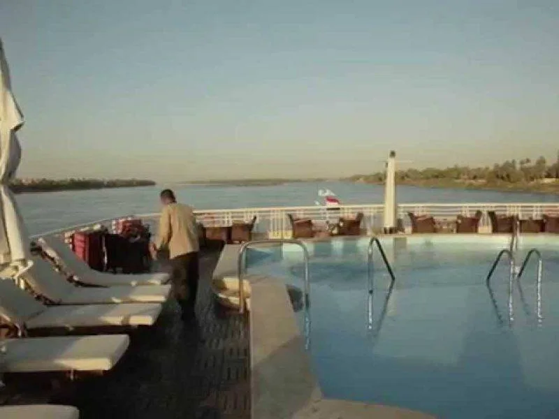 Sun deck of Royal Viking Nile Cruise with pool and panoramic Nile views