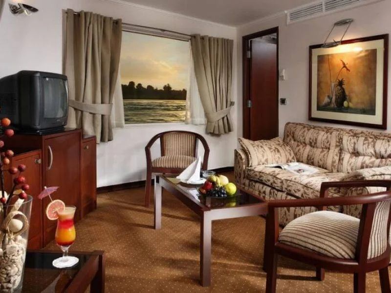 Comfortable twin cabin with panoramic windows on Sonesta Moon Goddess Nile Cruise