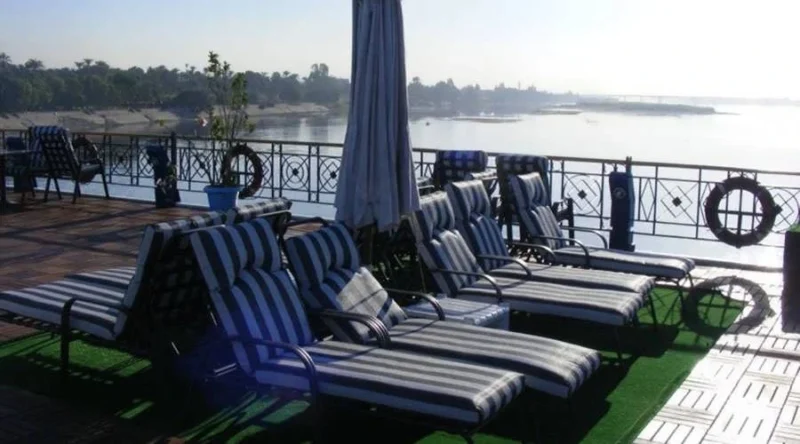 Panoramic sun deck on Emilio Prestige Nile Cruise overlooking the Nile River