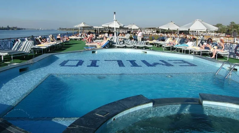 Swimming pool with Nile River views onboard Emilio Prestige Nile Cruise