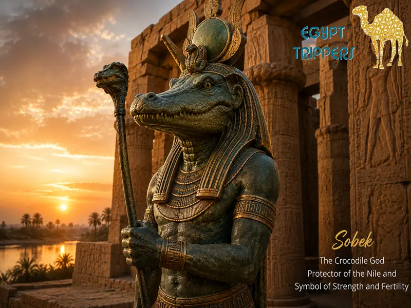 Sobek, the ancient Egyptian crocodile god of the Nile, depicted with a crocodile head and human body at an Egyptian temple, symbolizing strength, protection, fertility, and the life-giving power of the Nile River.