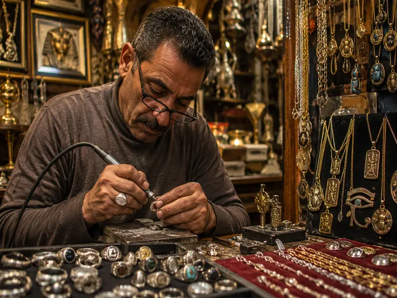 Egyptian jewelry artisan handcrafting silver cartouche necklaces inside a traditional Khan El Khalili jewelry shop in Cairo Egypt