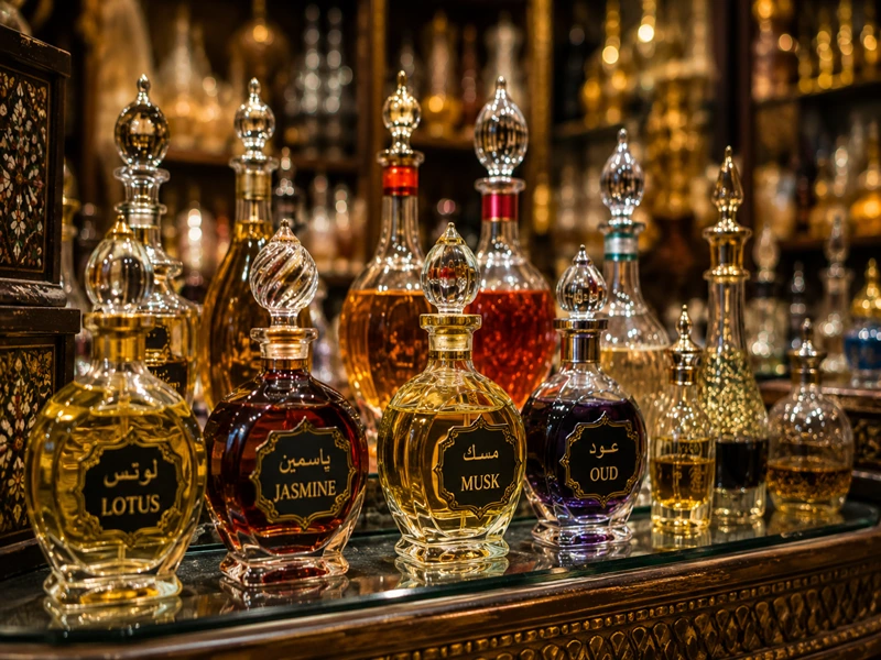 Traditional Egyptian perfume oils including lotus, jasmine, musk and oud displayed in a perfume shop in Khan El Khalili Bazaar Cairo