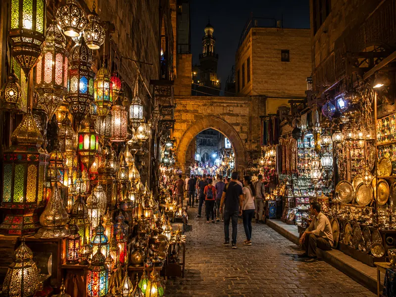 Authentic handmade lanterns and traditional souvenir shops in Khan El Khalili Bazaar Cairo Egypt