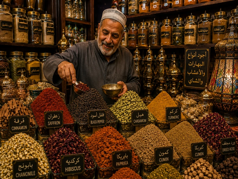 Traditional spice merchant selling saffron, hibiscus, cumin and herbal tea blends in Khan El Khalili Bazaar Cairo Egypt