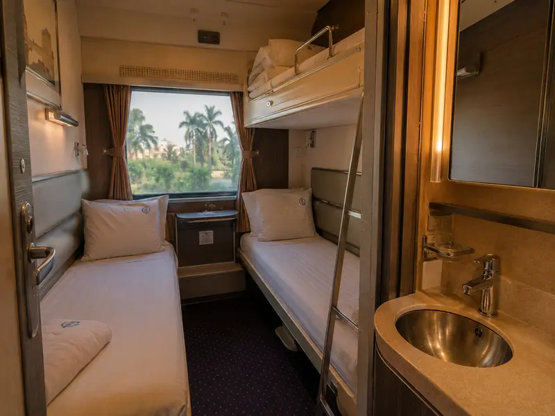 Private sleeper cabin on the Cairo to Aswan overnight train in Egypt