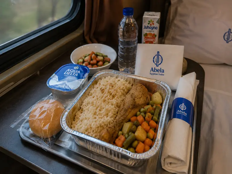 Dinner served onboard the Cairo to Aswan sleeper train