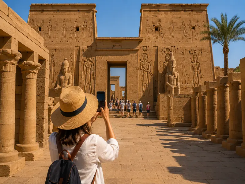 Visitors exploring Philae Temple in Aswan, Egypt