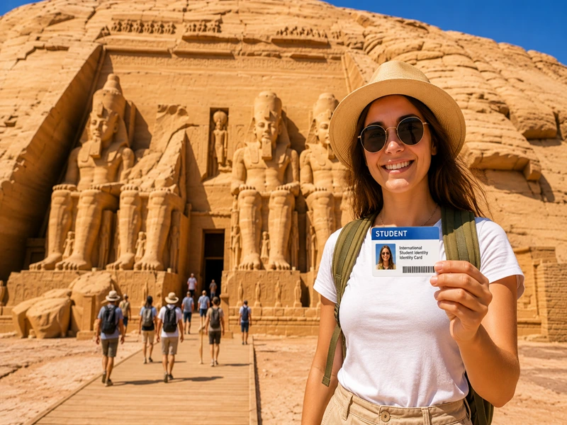 Student traveler visiting Abu Simbel using discounted entrance ticket