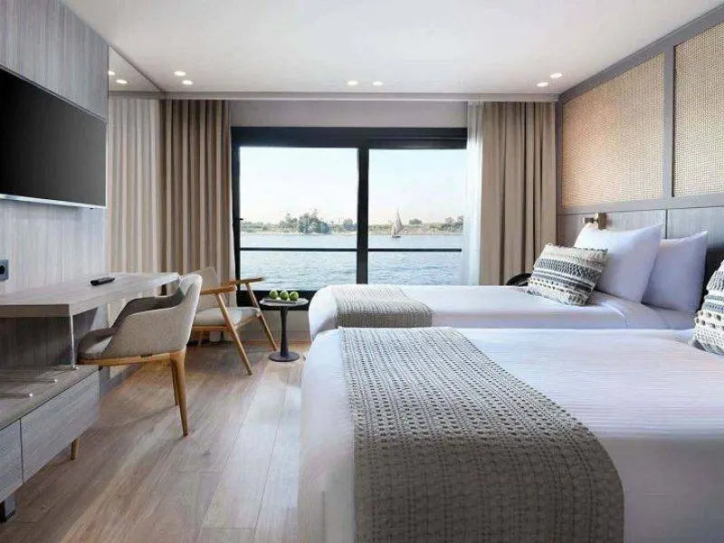 Luxury cabin with Nile River views on Historia Boutique Hotel Nile Cruise