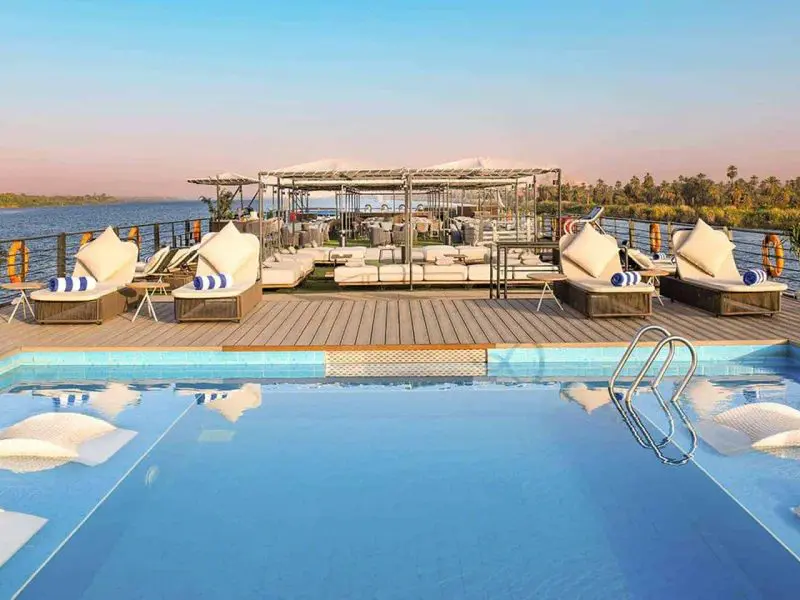 Outdoor swimming pool on Historia Boutique Hotel Nile Cruise overlooking the Nile River