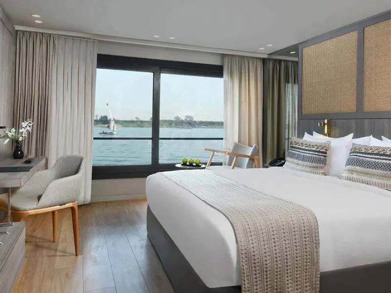 Spacious king bed cabin on Historia Nile Cruise with luxury amenities